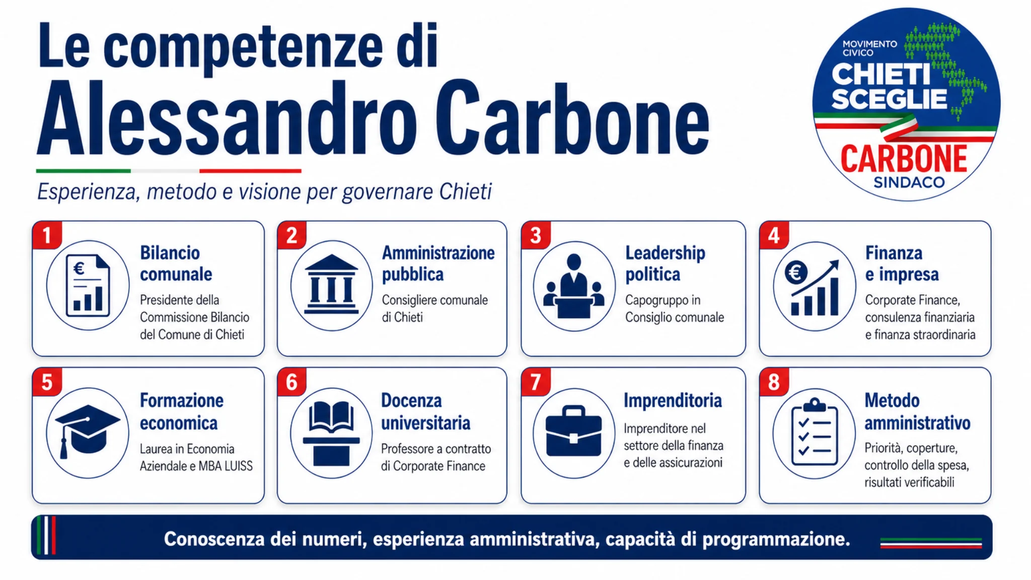 Competenze di Alessandro Carbone: bilancio comunale, amministrazione pubblica, leadership politica, finanza e impresa, formazione economica, docenza universitaria, imprenditoria e metodo amministrativo